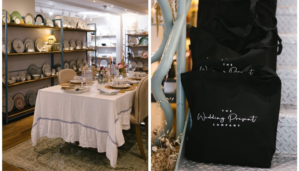 A tableware and goodie bag display in The Wedding Present Company Showroom